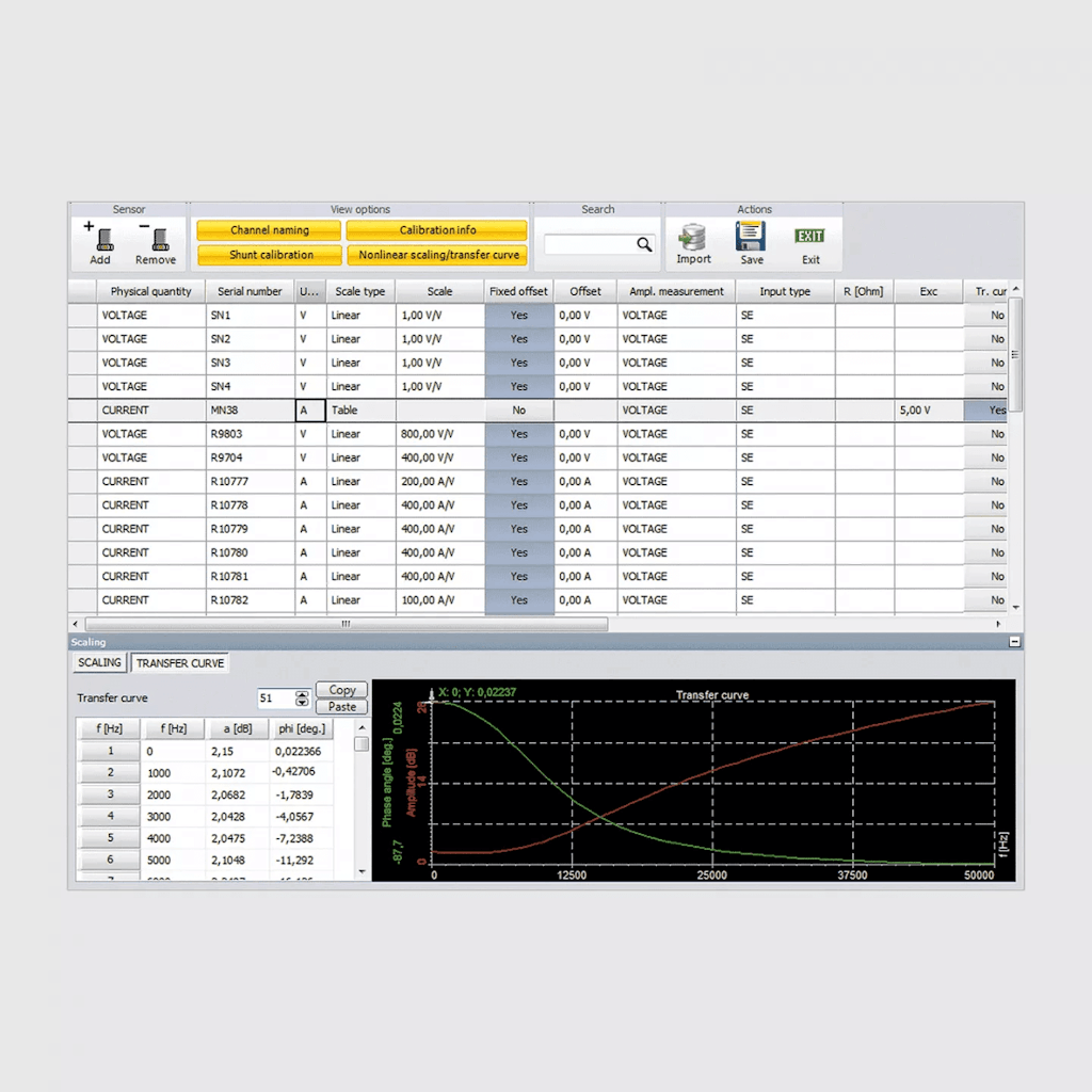 Fig.2 e 3. Il database dei sensori integrato in DewesoftX permette di raggiungere precisioni di misura ben superiori ai dati di targa del trasduttore a seguito di una calibrazione