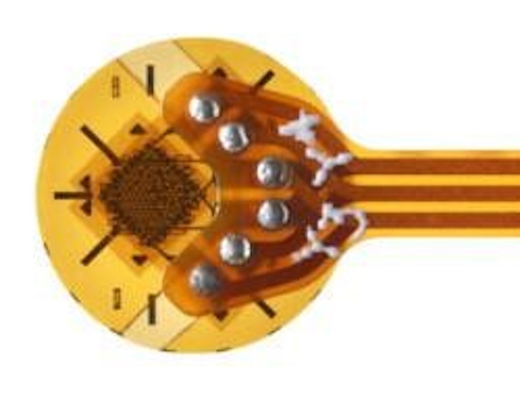 Figure 3. The circular rosette is a typical strain gauge for PCB strain measurements. Image courtesy of Micro-Measurements.