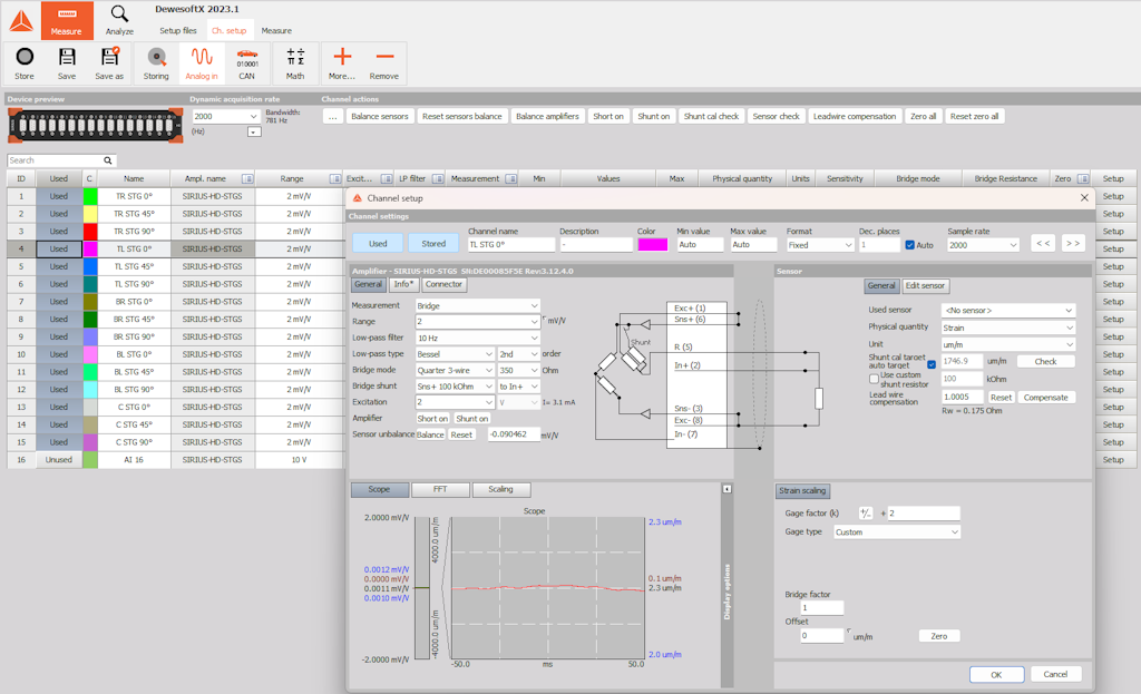 Figure 7. Configuration of analog input within DewesoftX software.