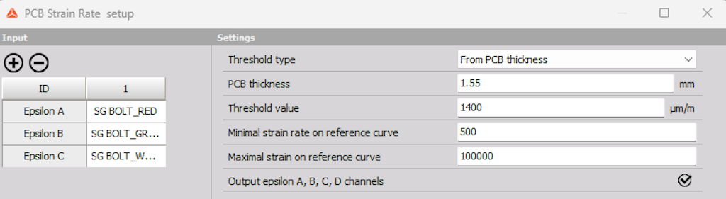 Figura 9. Configuración del software PCB Strain Rate.