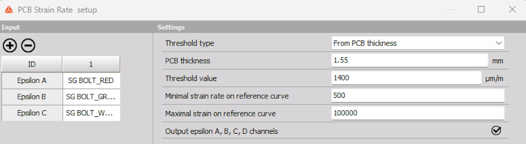 Figura 9. Configuração do software PCB Strain Rate.