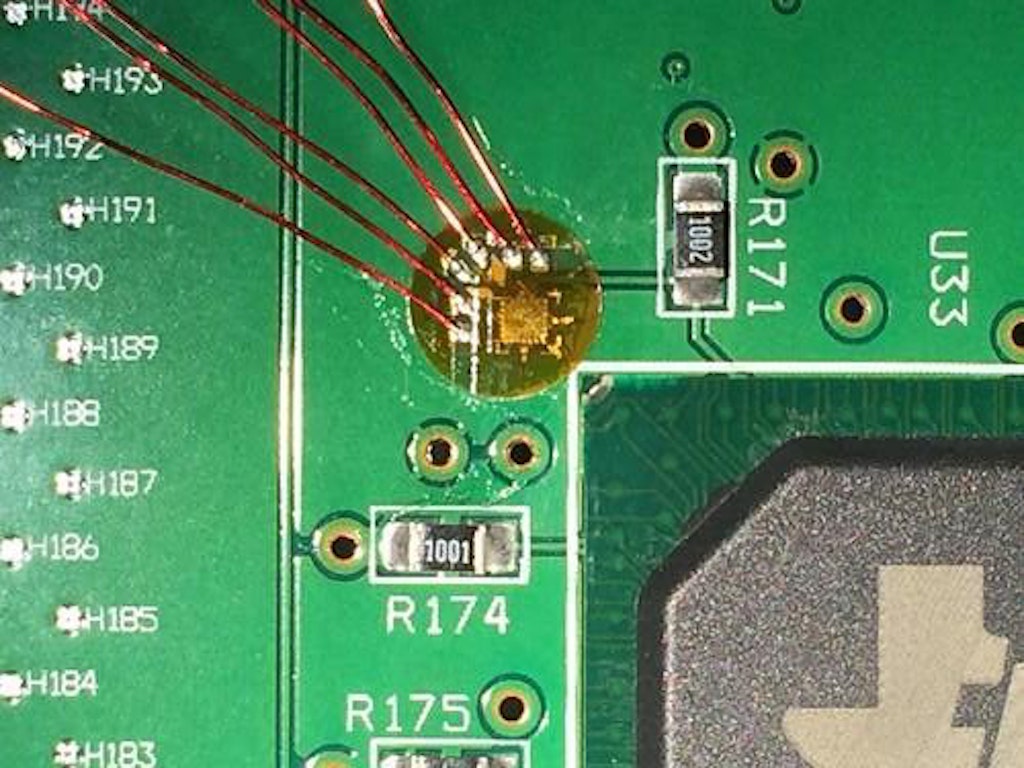 Figure 5. A properly mounted strain gauge on the PCB. Image courtesy of Micro-Measurements.