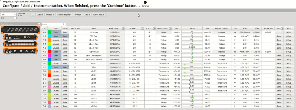 Figure 4. DewesoftX hardware setup screen showing the SIRIUS and KRYPTON modules.