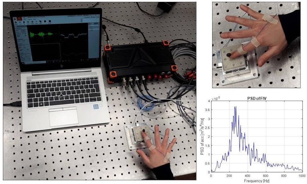 Figura 1. Configuración para medir estímulos mecánicos que se originan a partir de la exploración táctil y ejemplo del espectro de vibraciones inducidas por contacto dedo/superficie.