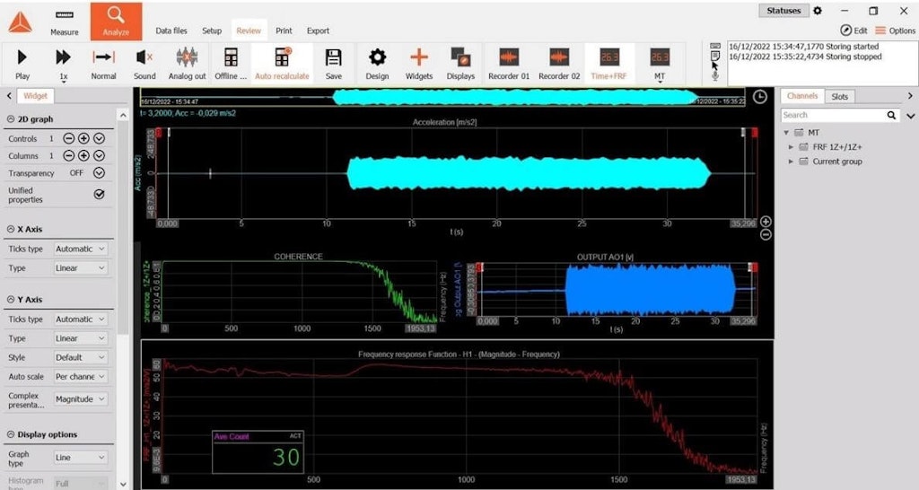 Figura 4. El cálculo y visualización de las Funciones de Respuesta de Frecuencia del dispositivo de renderizado táctil con Dewesoft.