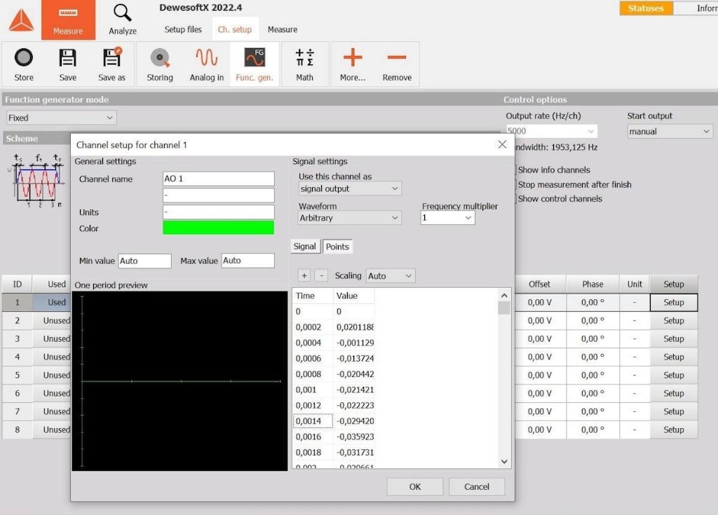 Figura 5. Ejemplo de construcción de una configuración para generar una señal arbitraria con Dewesoft.