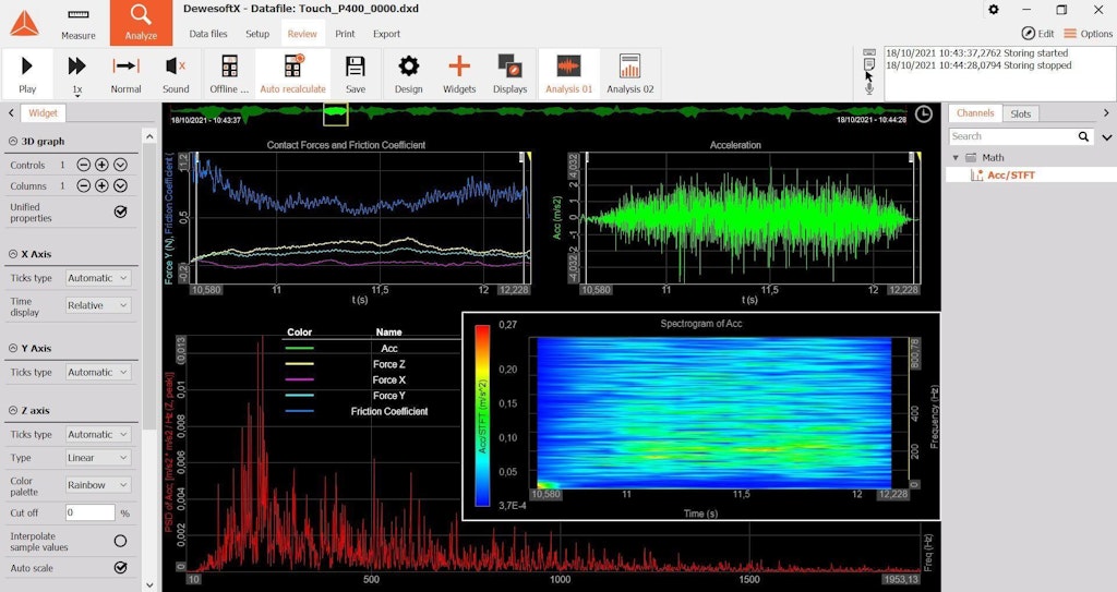 Figure 2. Example of frequency analysis of the accelerometric signal and calculation of the friction coefficient with Dewesoft.