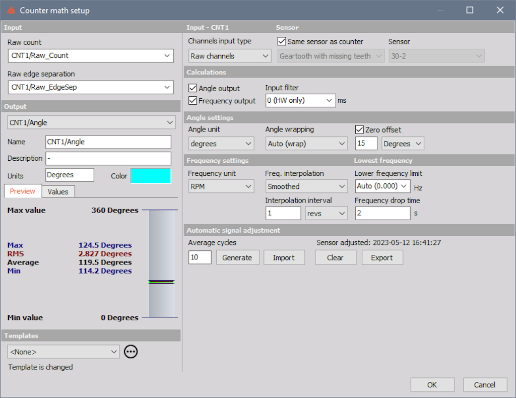 Setup for the new Counter math module with raw count and raw edge separation channels as inputs.
