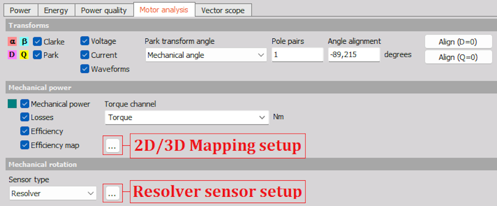 Pestaña de configuración del análisis del motor que se encuentra debajo del módulo de potencia.