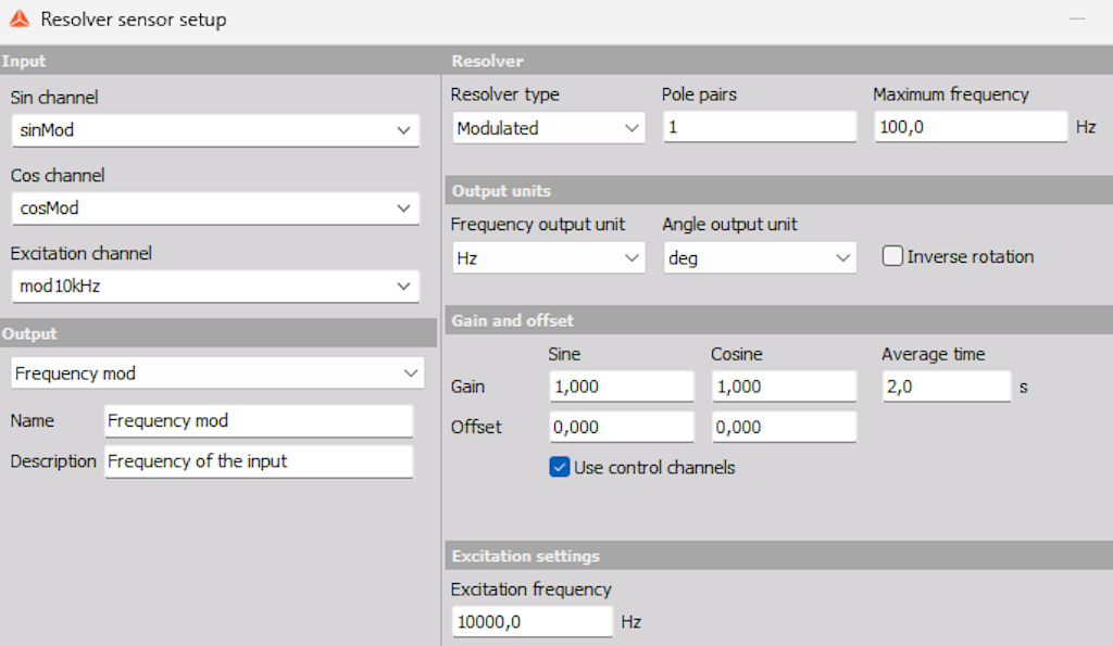 Resolver sensor math module setup.