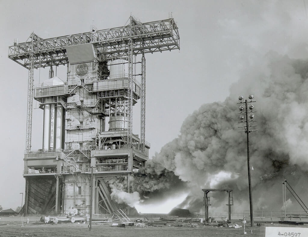 Test firing of an F-1 engine at the Marshall Space Flight Center, in 1964