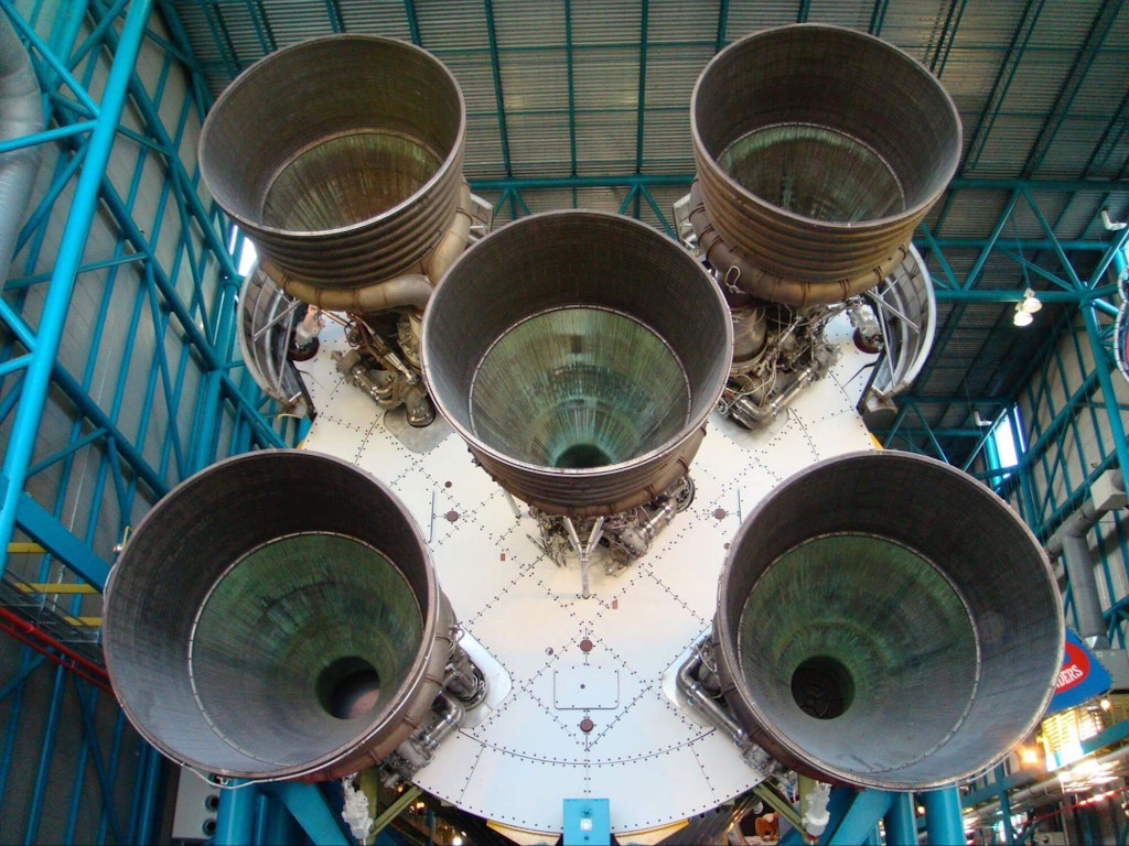 Fueled with Liquid Kerosene (RP-1) and Liquid Oxygen (LOX), five Rocketdyne F-1 rocket engines produced 1.5 million pounds of thrust at liftoff. Photo courtesy Grant Maloy Smith