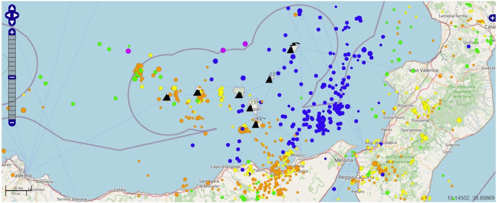Figure 1. Map of volcanoes and seismicity in the Aeolian Islands area.