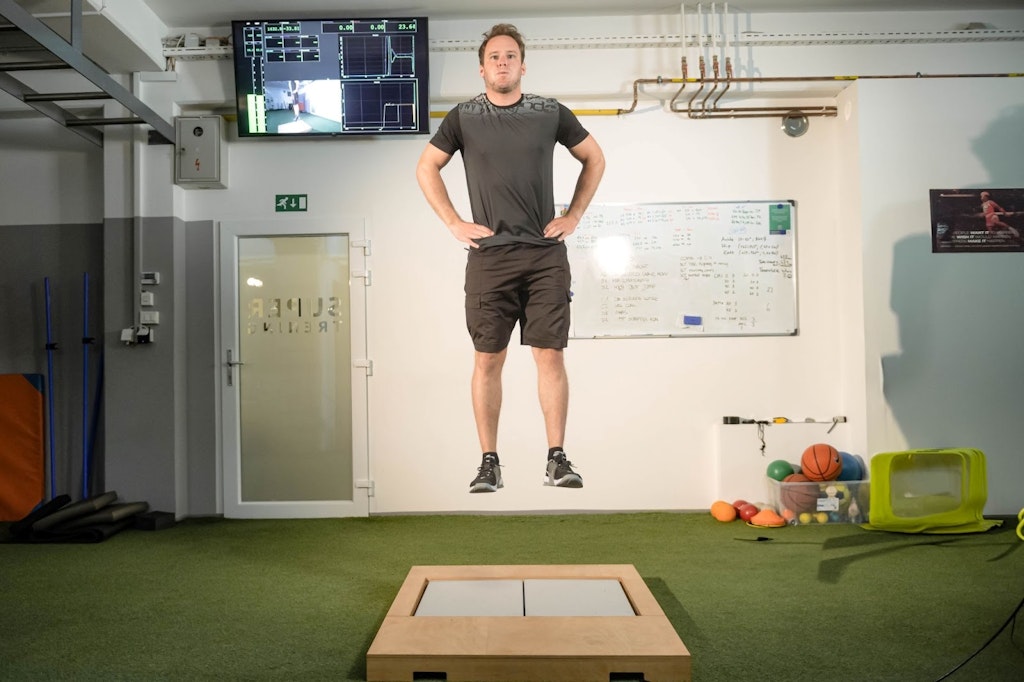 Figure 4. Tim Mastnak preparing for the coming season using a tensiometry plate for various types of jumps.