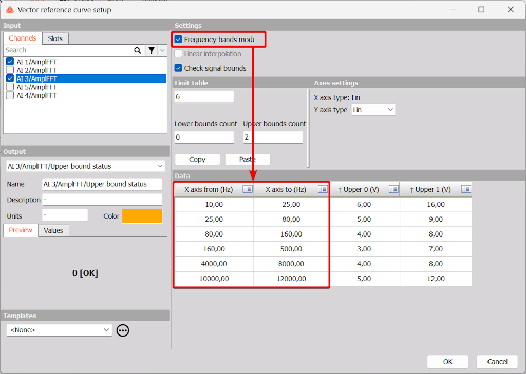 The vector reference curve in the math setup with Frequency band mode definition enabled.