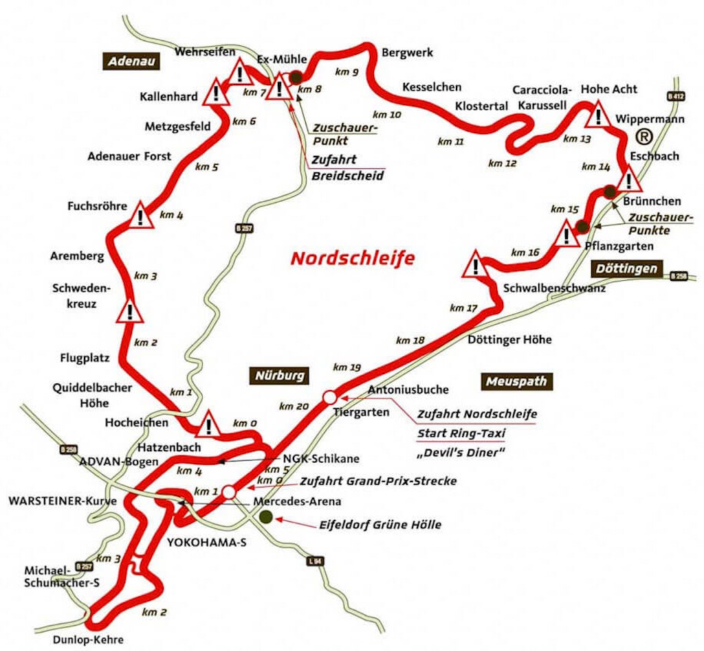 Mapa del campo de pruebas Nordschleife en Nurburgring.