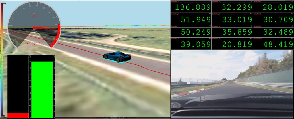 Captura de pantalla de telemetría en vivo: el velocímetro muestra una velocidad de 313,5 km/h.