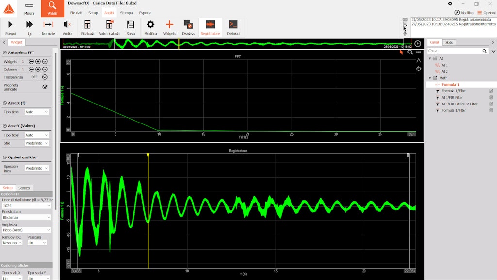 Figure 5. Graph of the roll motion of the semicylindrical boat in the time domain, obtained by subtracting two signals from the accelerometers.