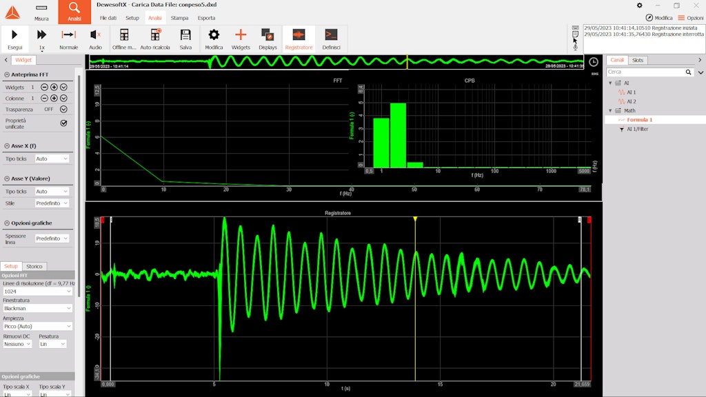 Figure 7. A graph in the time domain of the roll motion of the semicylindrical boat, obtained by subtracting the signals from the accelerometers, with the additional introduction of a distributed load of 3 kg applied to the bottom of the floating cylinder.