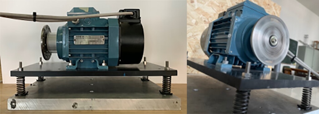 Figura 2. A sinistra: motore su supporto plastico e molle; a destra: motore in funzionamento.