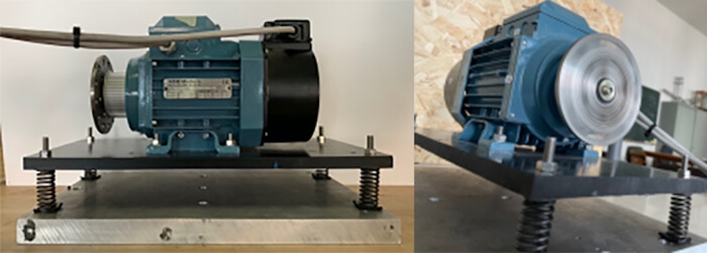 Figura 2. El motor está sobre soporte de placa plástica con resortes a la izquierda; el motor en funcionamiento está a la derecha.