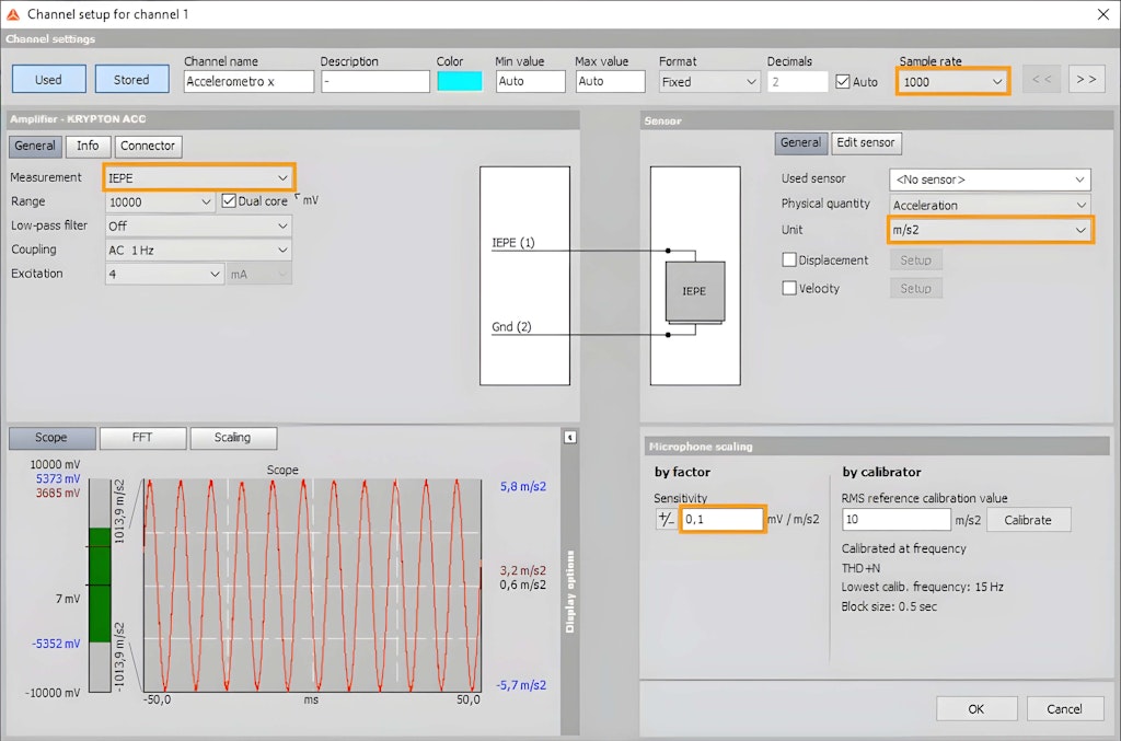 Accelerometer setup in the DewesoftX interface