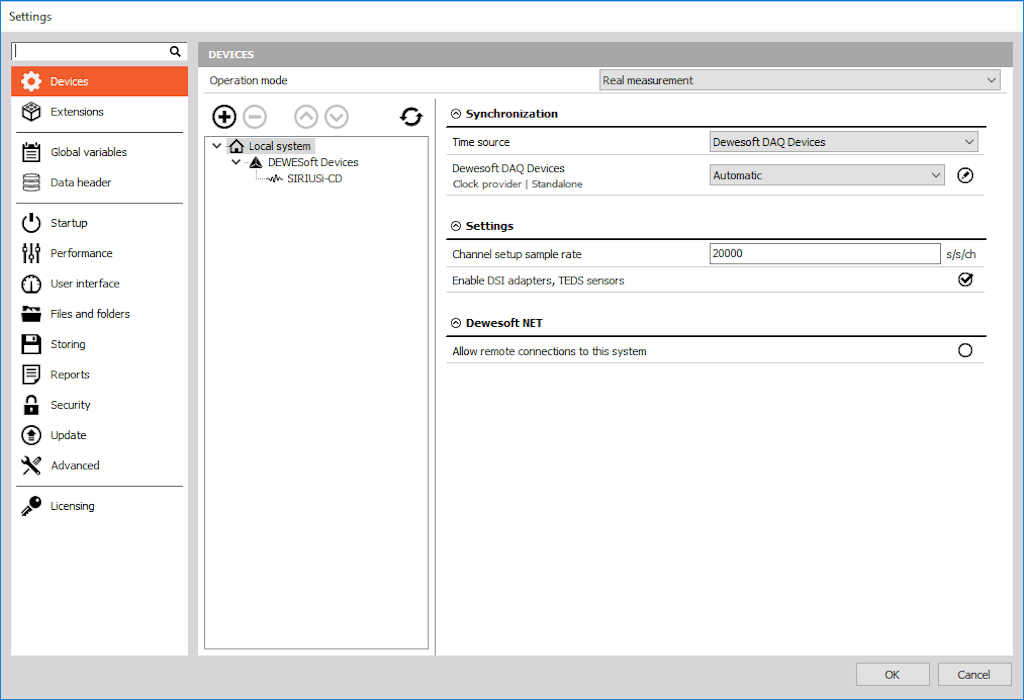 Dewesoft settings structure