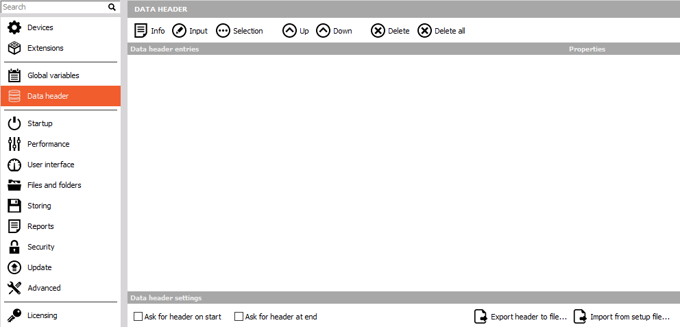 Data header settings Data header settings