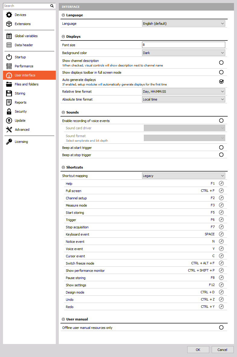 User interface settings User interface settings