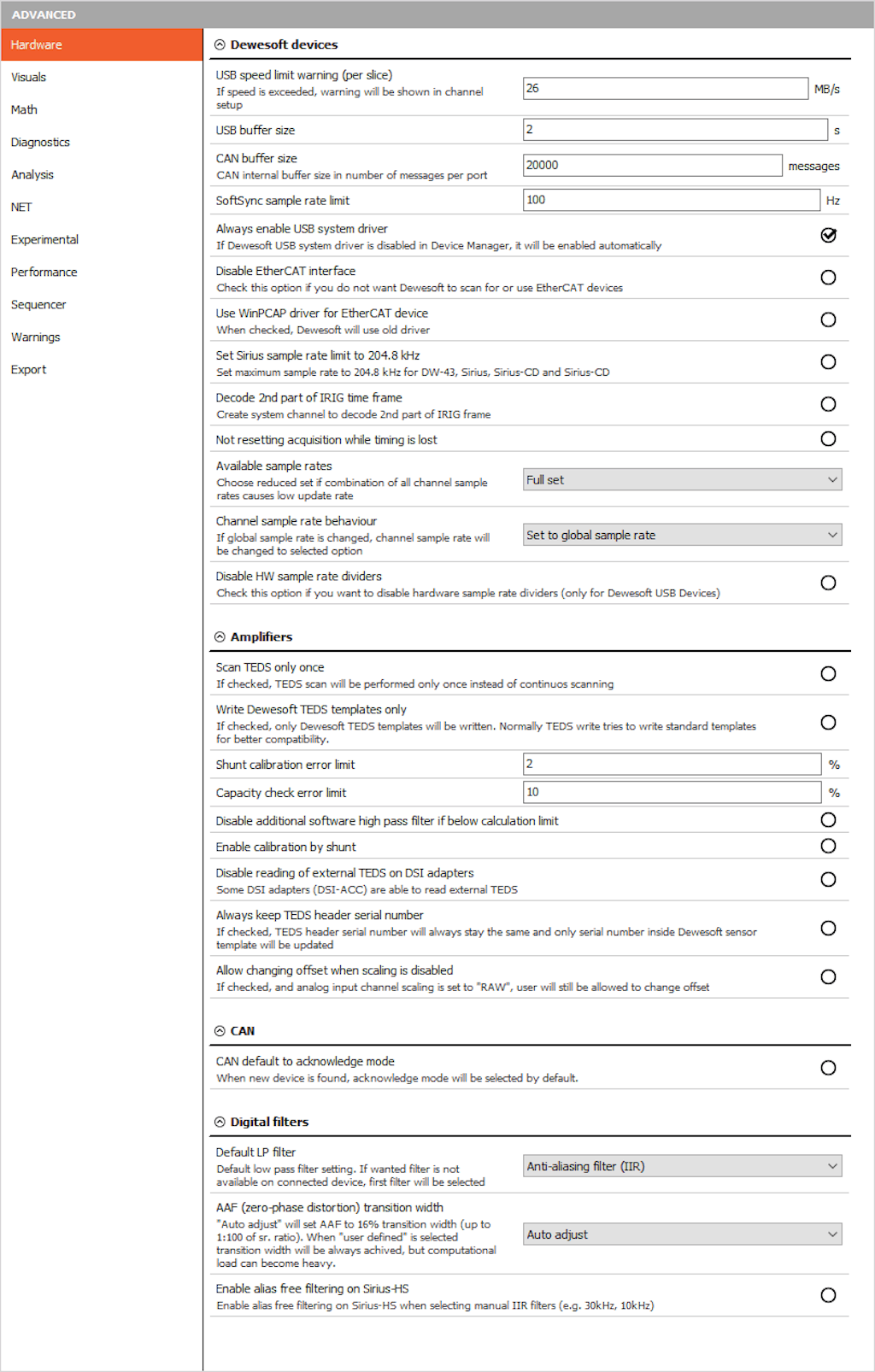 Advanced hardware settings