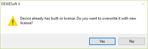 If the license is already written on the measurement device, we get a warning If the license is already written on the measurement device, we get a warning