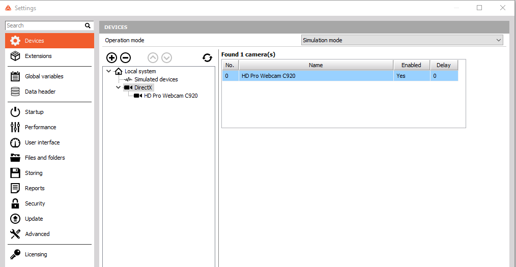 Devices settings menu Devices settings menu