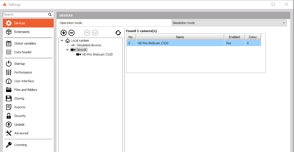 Devices settings menu