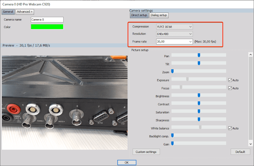 Camera setup window