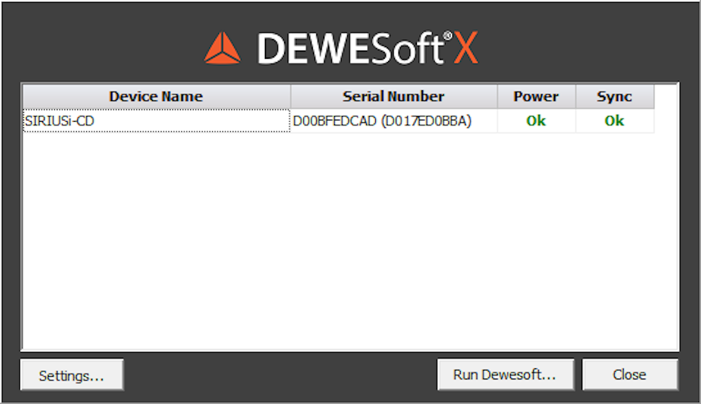 Dewesoft will auto-detect connected Dewesoft Hardware