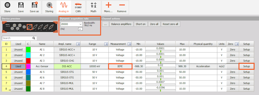 Connected acceleration sensor is shown in a Channel setup under the 'Analog in' tab in the Measure mode of DewesoftX software Connected acceleration sensor is shown in a Channel setup under the 'Analog in' tab in the Measure mode of DewesoftX software