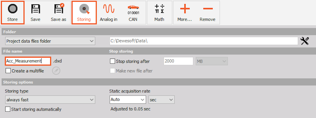 In Storing tab set the file name and start storing