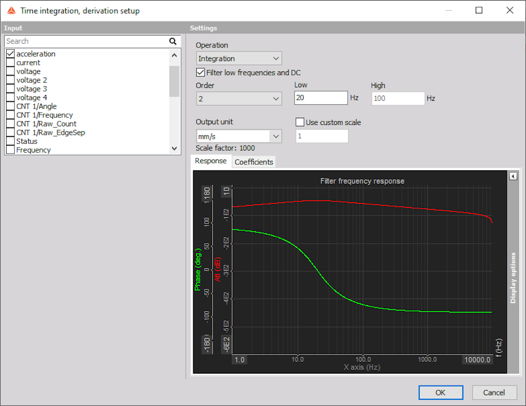 Time integration of acceleration channel
