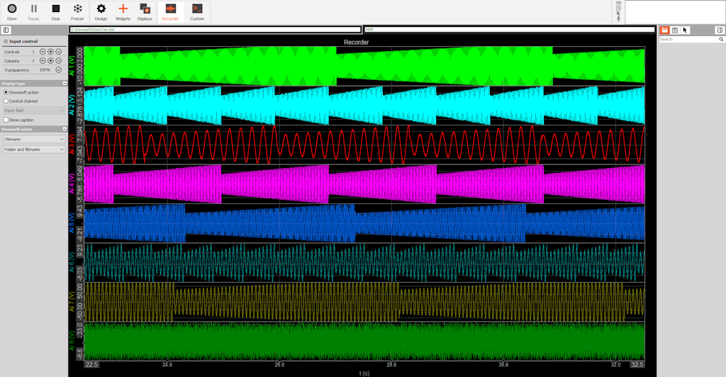 Sine waves with random amplitude and frequency on all channels as an output of Simulation mode Sine waves with random amplitude and frequency on all channels as an output of Simulation mode
