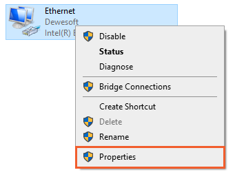 Right-click on Ethernet local connection and select the Properties Right-click on Ethernet local connection and select the Properties