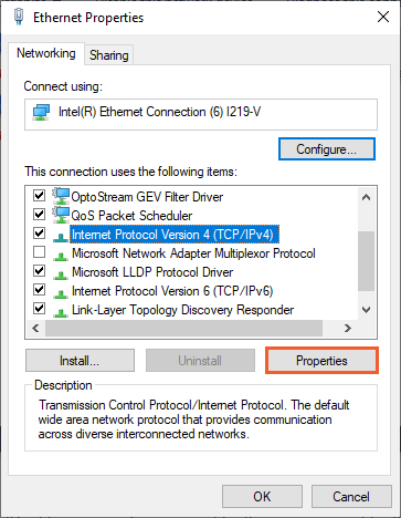 Select the Internet Protocol Version 4 (TCP/IPv4) and click on the Properties button Select the Internet Protocol Version 4 (TCP/IPv4) and click on the Properties button
