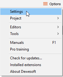 Open Dewesoft X software and go in settings Open Dewesoft X software and go in settings