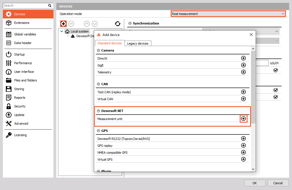Set the real measurement operation mode, click on the plus button, and add a Dewesoft NET Measurement unit Set the real measurement operation mode, click on the plus button, and add a Dewesoft NET Measurement unit