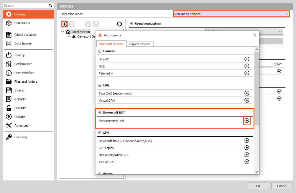 Set the real measurement operation mode, click on the plus button, and add a Dewesoft NET Measurement unit