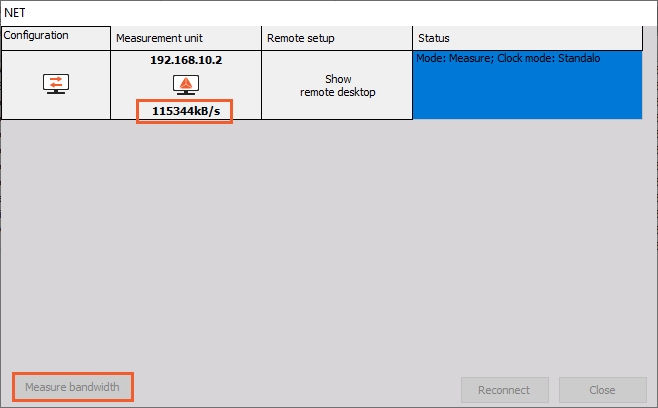 Click on the NET icon to preview the connection screen, where you can also measure the bandwidth Click on the NET icon to preview the connection screen, where you can also measure the bandwidth