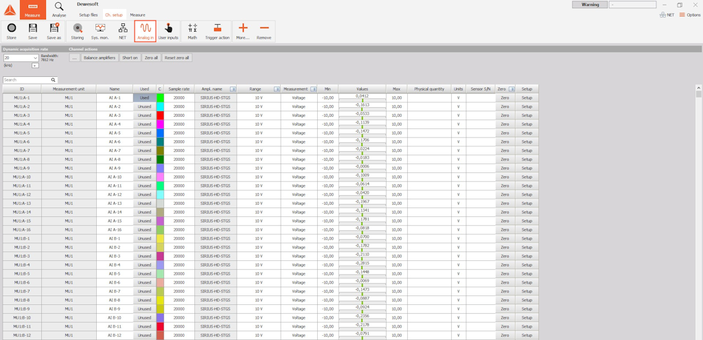 In Analog in tab, we can preview all analog channels from all measurement units connected over the Dewesoft NET In Analog in tab, we can preview all analog channels from all measurement units connected over the Dewesoft NET