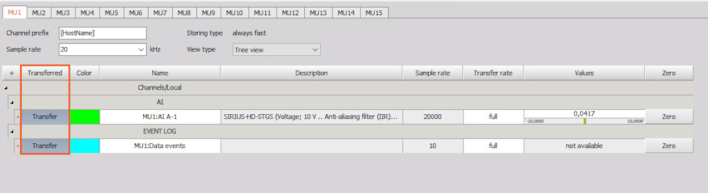 Besides storing data on the measurement unit 1 - MU1, the channels will be transferred in real-time to the client Besides storing data on the measurement unit 1 - MU1, the channels will be transferred in real-time to the client