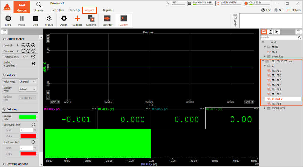 Setup the measuring screen on a master client in a Measure tab of the DewesoftX Setup the measuring screen on a master client in a Measure tab of the DewesoftX