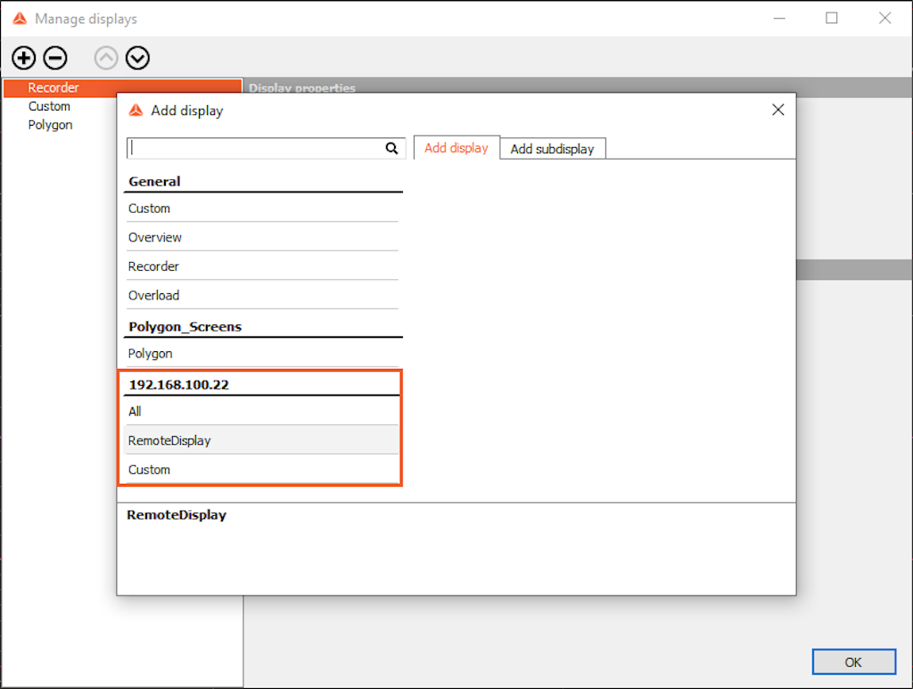 On the master client click on the Displays tab, and with plus button add a new remote display