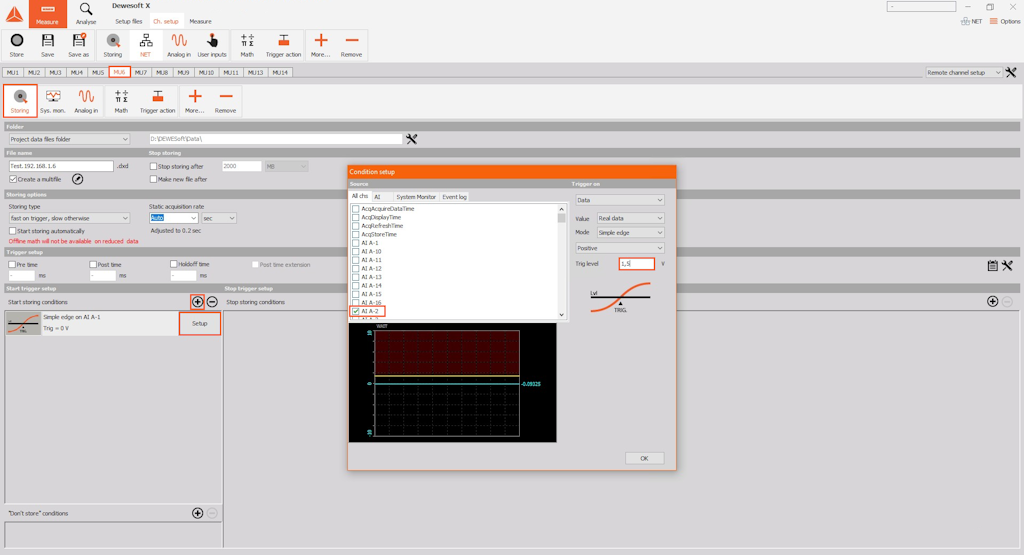 Setting local start trigger condition in remote channel setup of MU6 (directly on MU6) Setting local start trigger condition in remote channel setup of MU6 (directly on MU6)